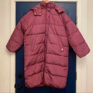 Tiny Cottons Woman Long Mini Checks Down Jacket in Red and Ultramarine, Size 38